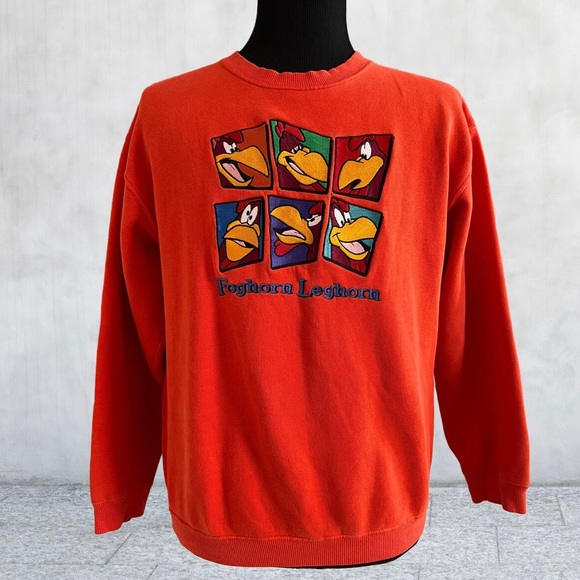 Vintage 90's Warner Brothers Foghorn Leghorn Crewneck Sweatshirt Orange XXL - Picture 1 of 8